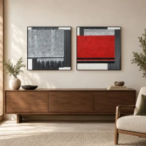 Grey and Red Constructivist Painting Set of 2, 60 x 60 cm in slate — front view