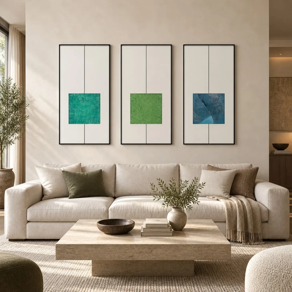 Green Square Triptych in Line Frames, 45 x 90 cm Each — front view
