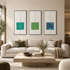 Green Square Triptych in Line Frames, 45 x 90 cm Each — front view