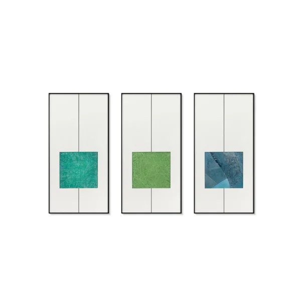 Green Square Triptych in Line Frames, 45 x 90 cm Each — in a room setting