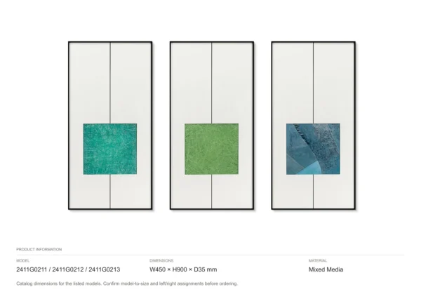 Green Square Triptych in Line Frames, 45 x 90 cm Each — dimensions