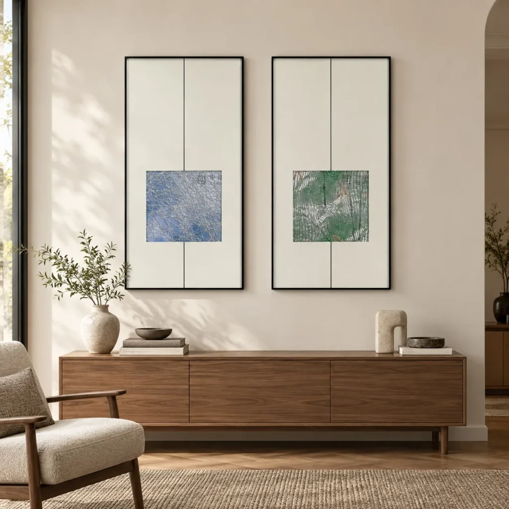 Blue and Green Square Diptych in blue — front view