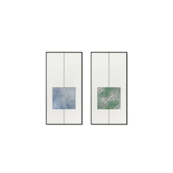 Blue and Green Square Diptych in blue — in a room setting