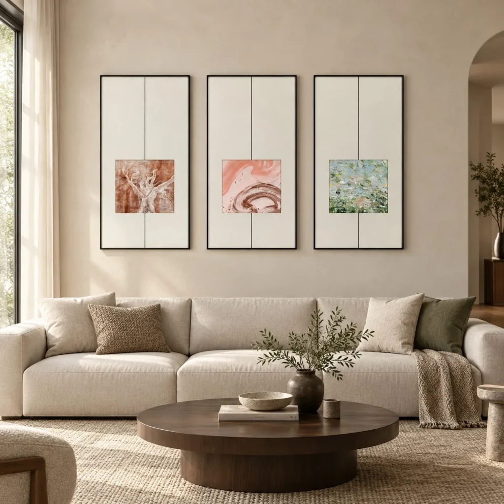 Botanical Square Triptych in Line Frames, 45 x 90 cm Each — front view