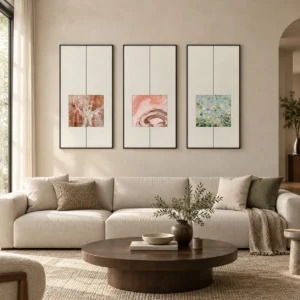 Botanical Square Triptych in Line Frames, 45 x 90 cm Each — front view