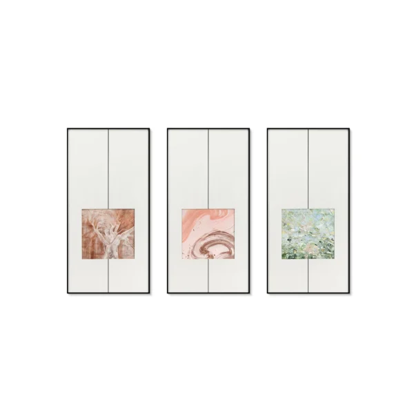 Botanical Square Triptych in Line Frames, 45 x 90 cm Each — in a room setting