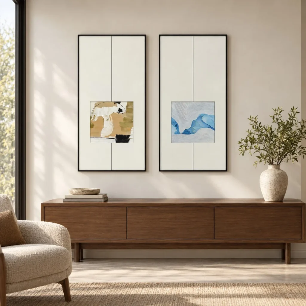 Sand and Blue Square Diptych in Line Frames, 45 x 90 cm Each — front view