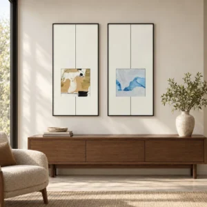 Sand and Blue Square Diptych in Line Frames, 45 x 90 cm Each — front view