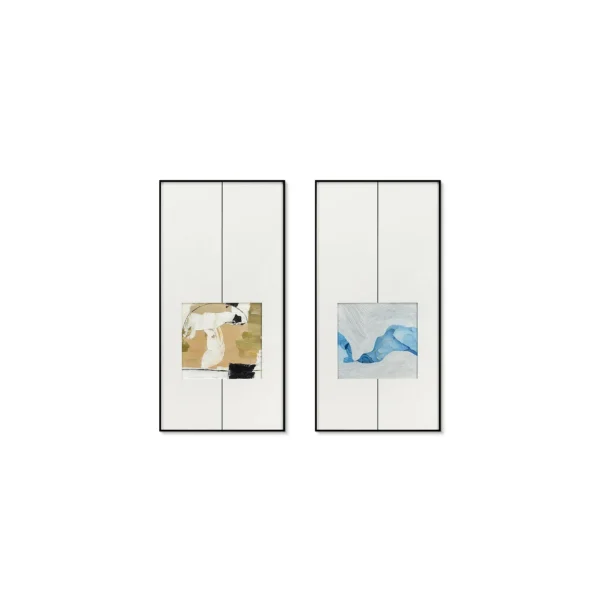 Sand and Blue Square Diptych in Line Frames, 45 x 90 cm Each — in a room setting