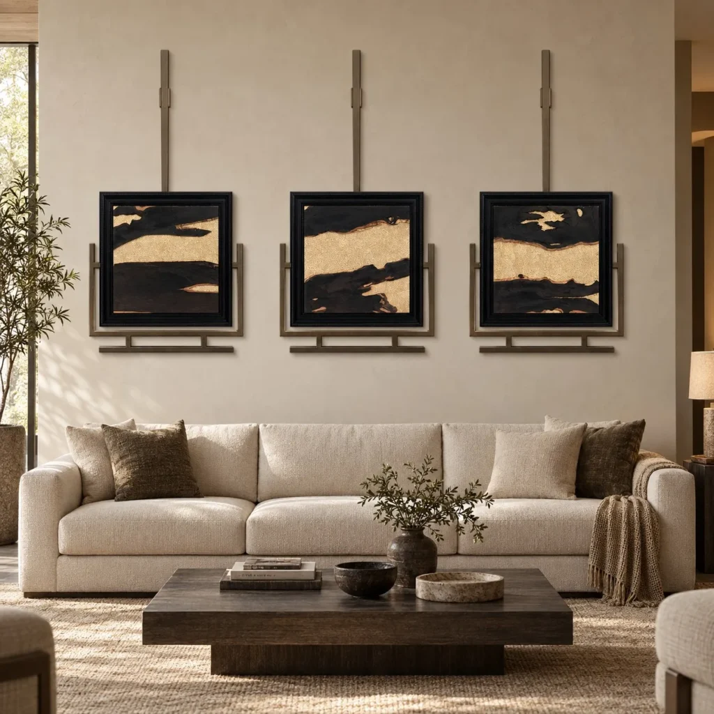 Gold Leaf on Black Set of 3 on Brass Rods, 80 x 160 cm in brushed brass — front view