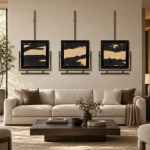 Gold Leaf on Black Set of 3 on Brass Rods, 80 x 160 cm in brushed brass — front view