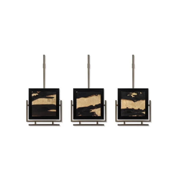 Gold Leaf on Black Set of 3 on Brass Rods, 80 x 160 cm in brushed brass — in a room setting