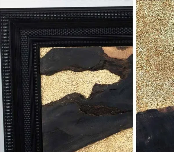 Gold Leaf on Black Set of 3 on Brass Rods, 80 x 160 cm in brushed brass — detail