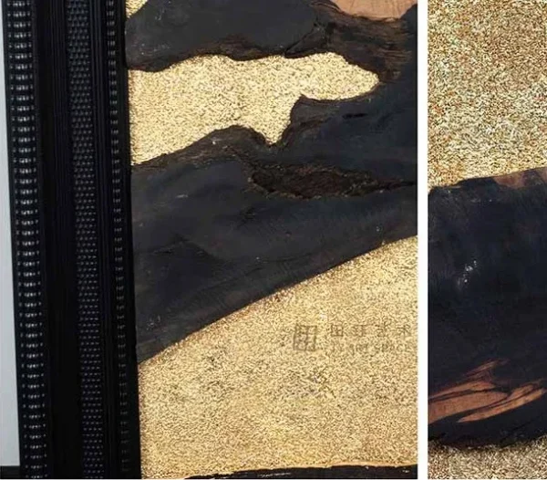 Gold Leaf on Black Set of 3 on Brass Rods, 80 x 160 cm in brushed brass — detail