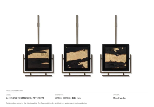Gold Leaf on Black Set of 3 on Brass Rods, 80 x 160 cm in brushed brass — dimensions