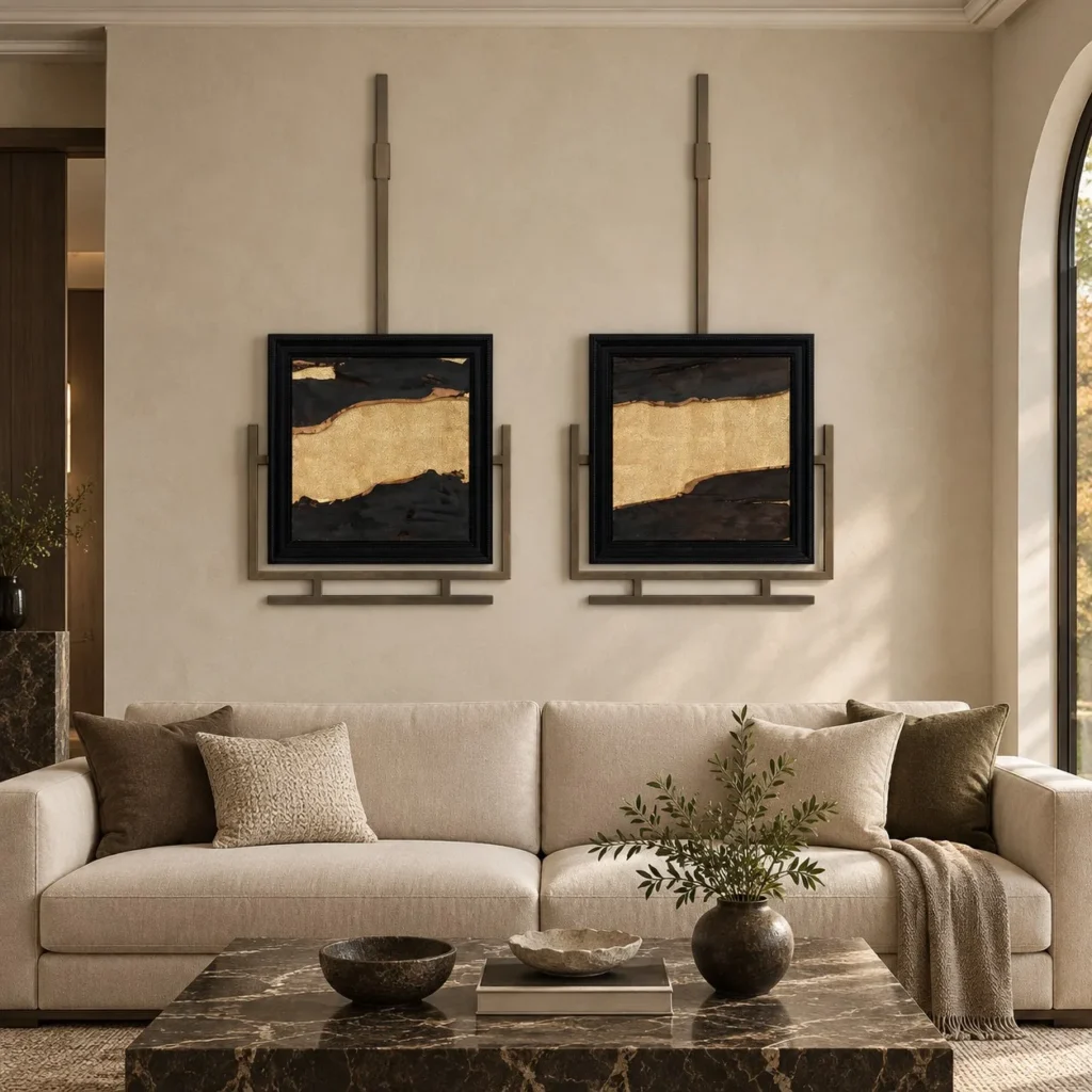 Gold Leaf on Black Set of 2 on Brass Rods, 80 x 160 cm in brushed brass — front view