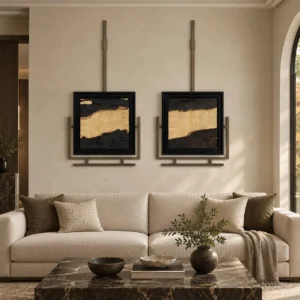 Gold Leaf on Black Set of 2 on Brass Rods, 80 x 160 cm in brushed brass — front view