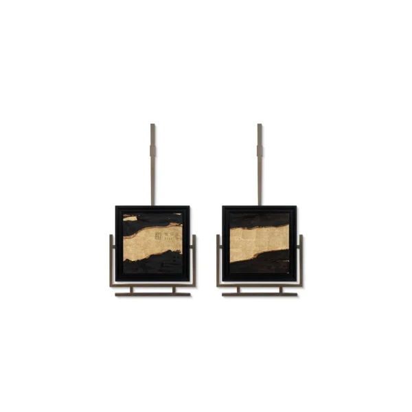 Gold Leaf on Black Set of 2 on Brass Rods, 80 x 160 cm in brushed brass — in a room setting