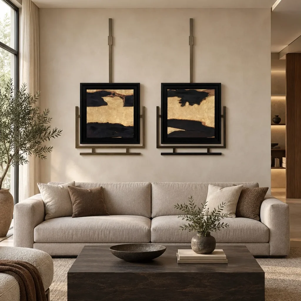 Gold Leaf on Black Pair on Brass Rods, Wide, 80 x 160 cm in brushed brass — front view