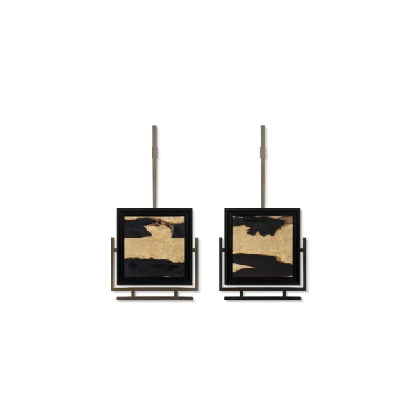 Gold Leaf on Black Pair on Brass Rods, Wide, 80 x 160 cm in brushed brass — in a room setting