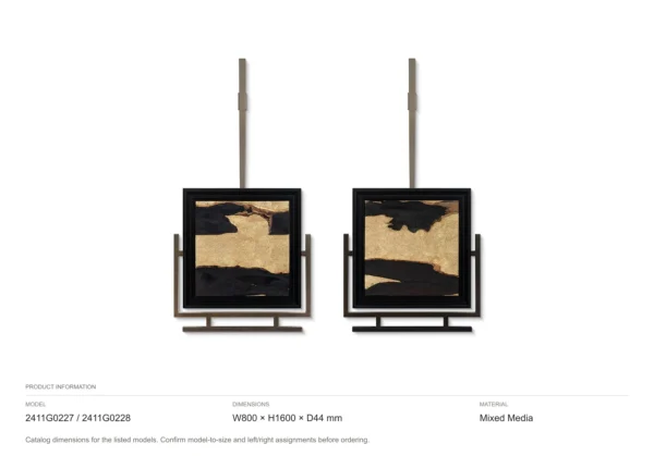 Gold Leaf on Black Pair on Brass Rods, Wide, 80 x 160 cm in brushed brass — dimensions