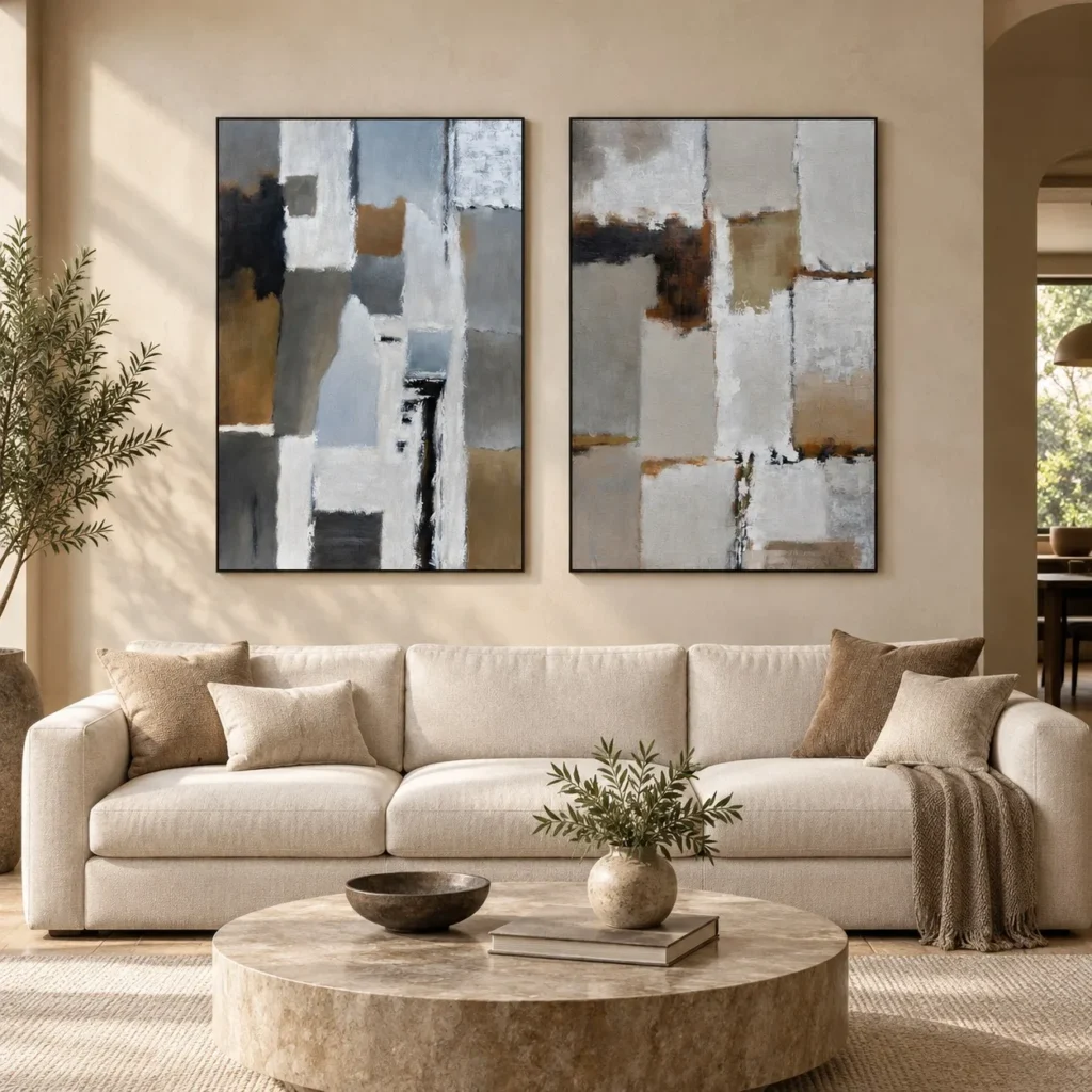 Patchwork Abstract Painting Set of 2, 80 x 120 cm Each in slate — front view