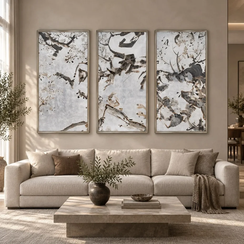 Ink Blossom Branch Triptych in Slim Frames, 70 x 140 cm Each — front view