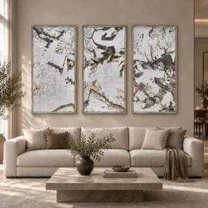 Ink Blossom Branch Triptych in Slim Frames, 70 x 140 cm Each — front view