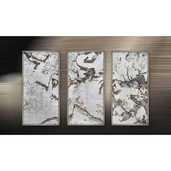 Ink Blossom Branch Triptych in Slim Frames, 70 x 140 cm Each — in a room setting