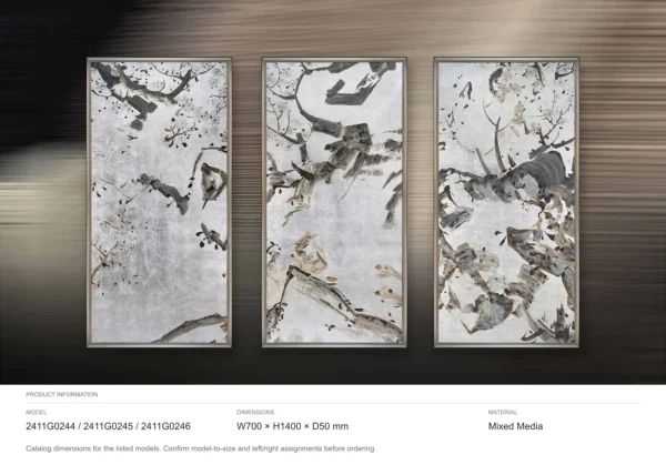 Ink Blossom Branch Triptych in Slim Frames, 70 x 140 cm Each — dimensions