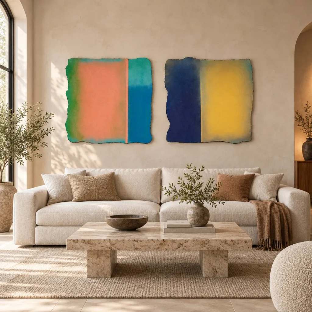 Colour Field Diptych on Torn Panels, 80 x 80 cm Each in rust — front view
