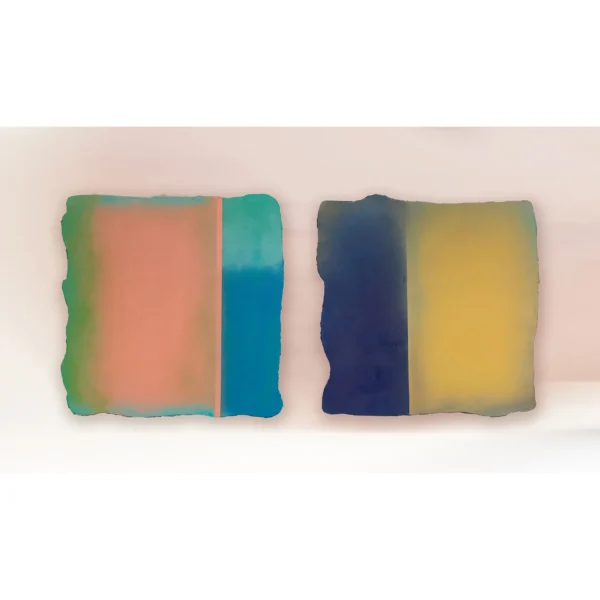 Colour Field Diptych on Torn Panels, 80 x 80 cm Each in rust — in a room setting