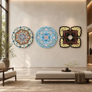 Round Cloisonné Pattern Wall Art Set of 3, 100 cm Each in blue — front view