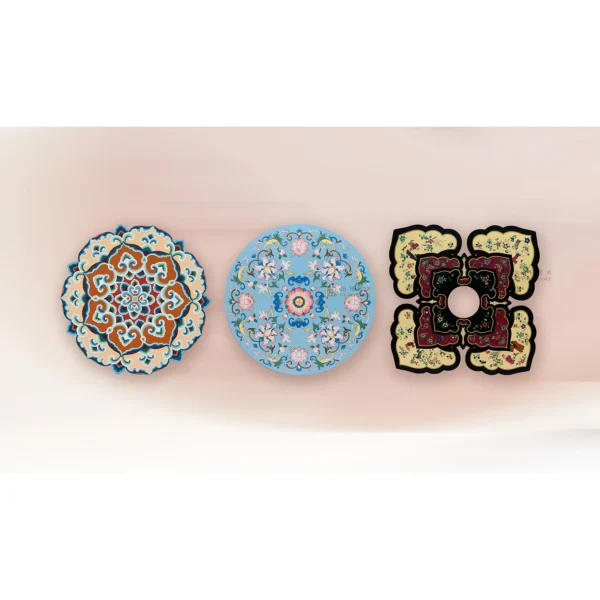 Round Cloisonné Pattern Wall Art Set of 3, 100 cm Each in blue — in a room setting