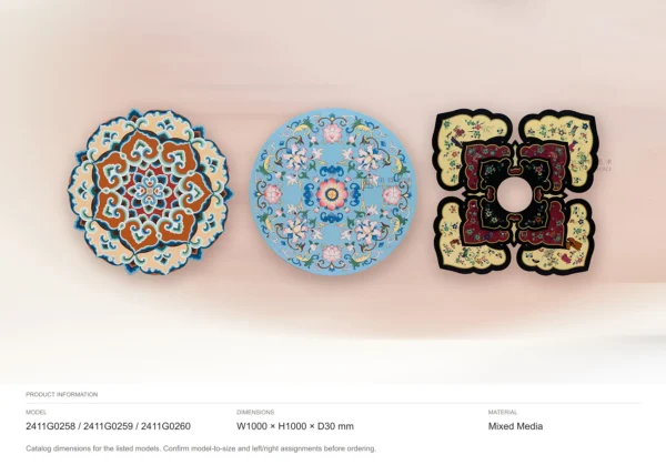 Round Cloisonné Pattern Wall Art Set of 3, 100 cm Each in blue — dimensions
