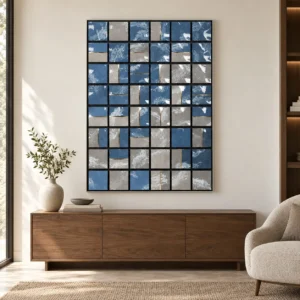 Blue and Grey Tile Grid Wall Art, 108 x 148 cm in blue — front view