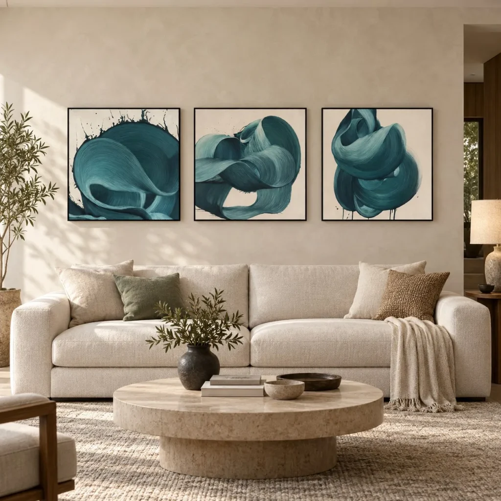 Teal Ribbon Painting Set of 3, 50 x 50 cm Each in blue — front view