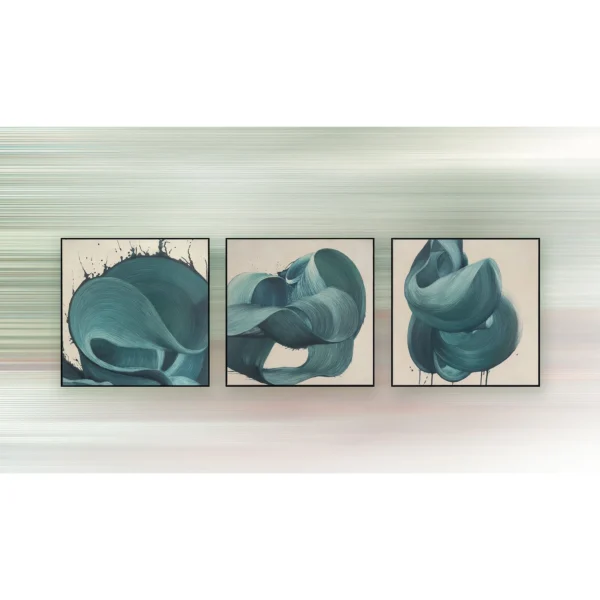 Teal Ribbon Painting Set of 3, 50 x 50 cm Each in blue — in a room setting
