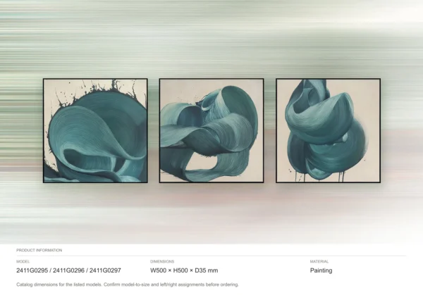 Teal Ribbon Painting Set of 3, 50 x 50 cm Each in blue — dimensions