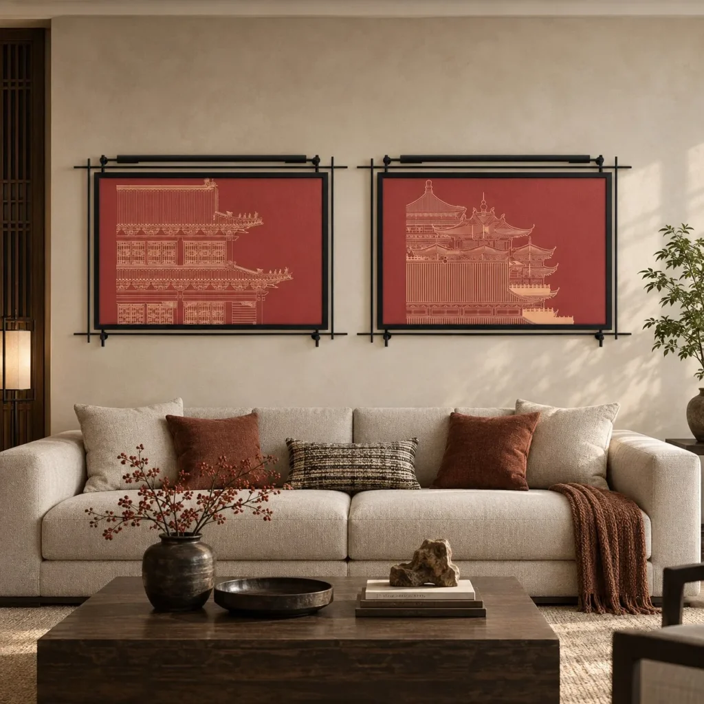 Red Architectural Drawing Set of 2 in red — front view