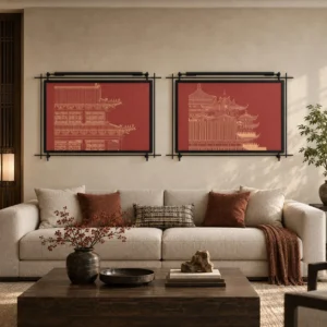Red Architectural Drawing Set of 2 in red — front view
