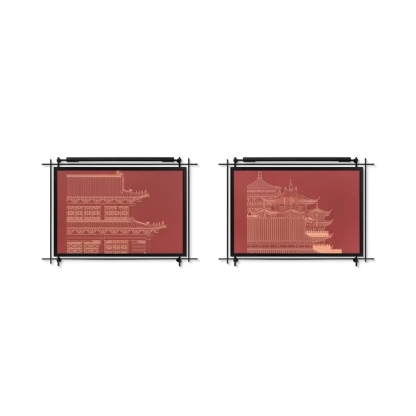 Red Architectural Drawing Set of 2 in red — in a room setting