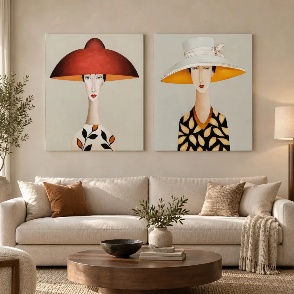 Wide-Brimmed Hat Portrait Painting Set of 2, 75 x 90 cm Each in red — front view