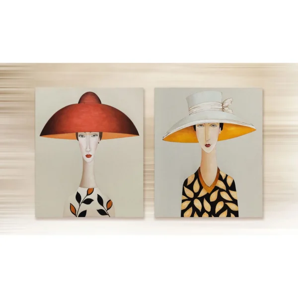 Wide-Brimmed Hat Portrait Painting Set of 2, 75 x 90 cm Each in red — in a room setting