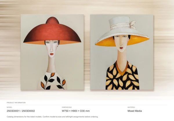 Wide-Brimmed Hat Portrait Painting Set of 2, 75 x 90 cm Each in red — dimensions