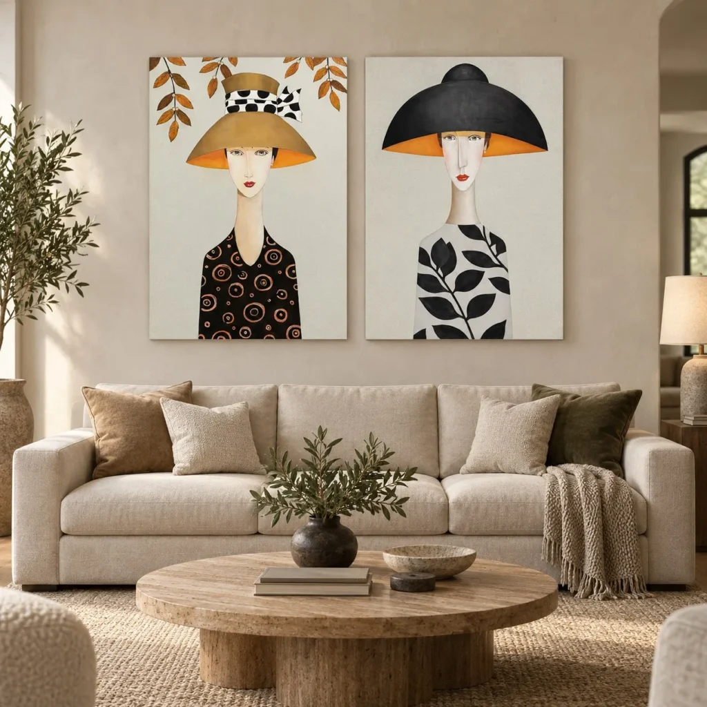 Straw and Black Hat Portrait Painting Set of 2, 70 x 100 cm in black — front view