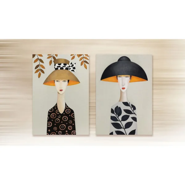 Straw and Black Hat Portrait Painting Set of 2, 70 x 100 cm in black — in a room setting
