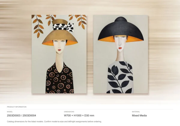 Straw and Black Hat Portrait Painting Set of 2, 70 x 100 cm in black — dimensions