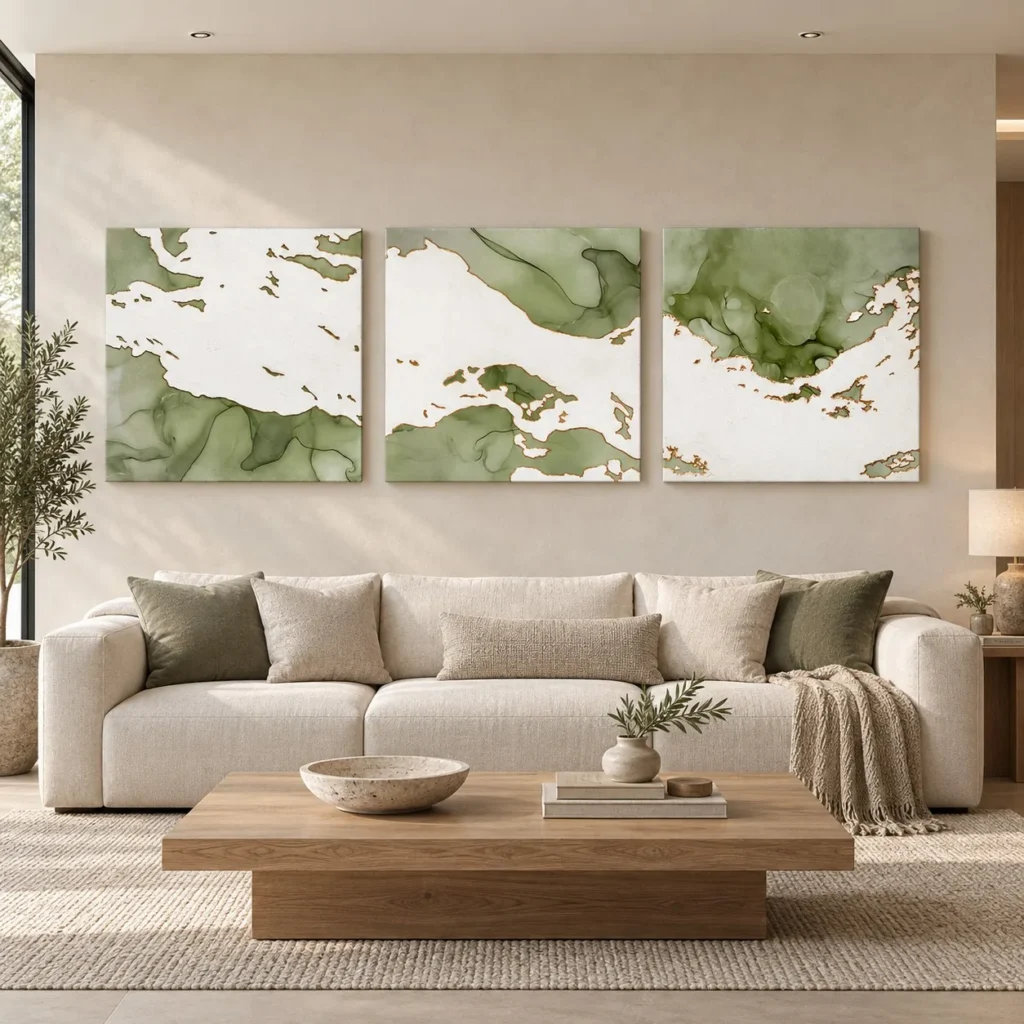 Sage Marble Ink Triptych, 80 x 80 cm Each in olive — front view