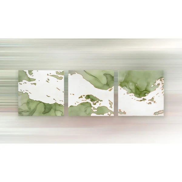 Sage Marble Ink Triptych, 80 x 80 cm Each in olive — in a room setting
